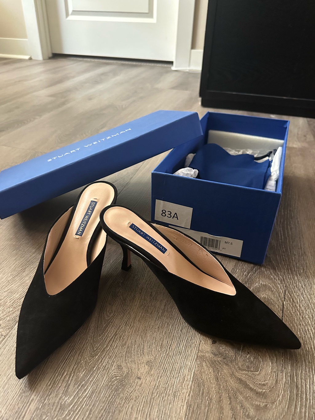 New Stuart Weitzman Stuart Lulah In Black Suede Pointed-Toe Mule Heels Us 7.5